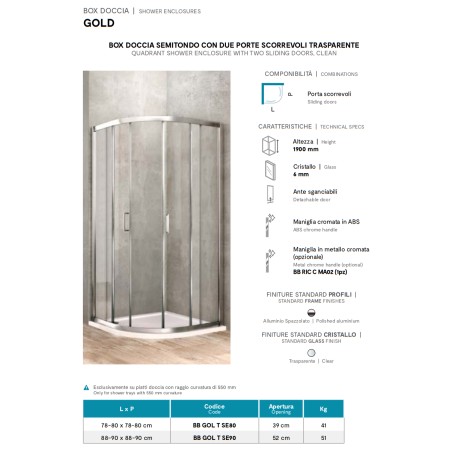 Mampara de ducha semirredonda 90 x 90 vidrio transparente Ponsi Gold  BBGOLTSE90