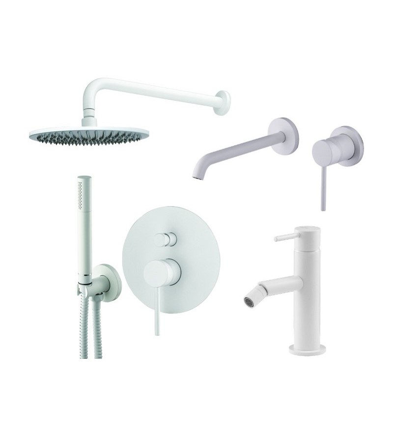 Wall-mounted washbasin mixer set, bidet mixer and shower kit in matt white Gattoni Easy KITEASYBO6