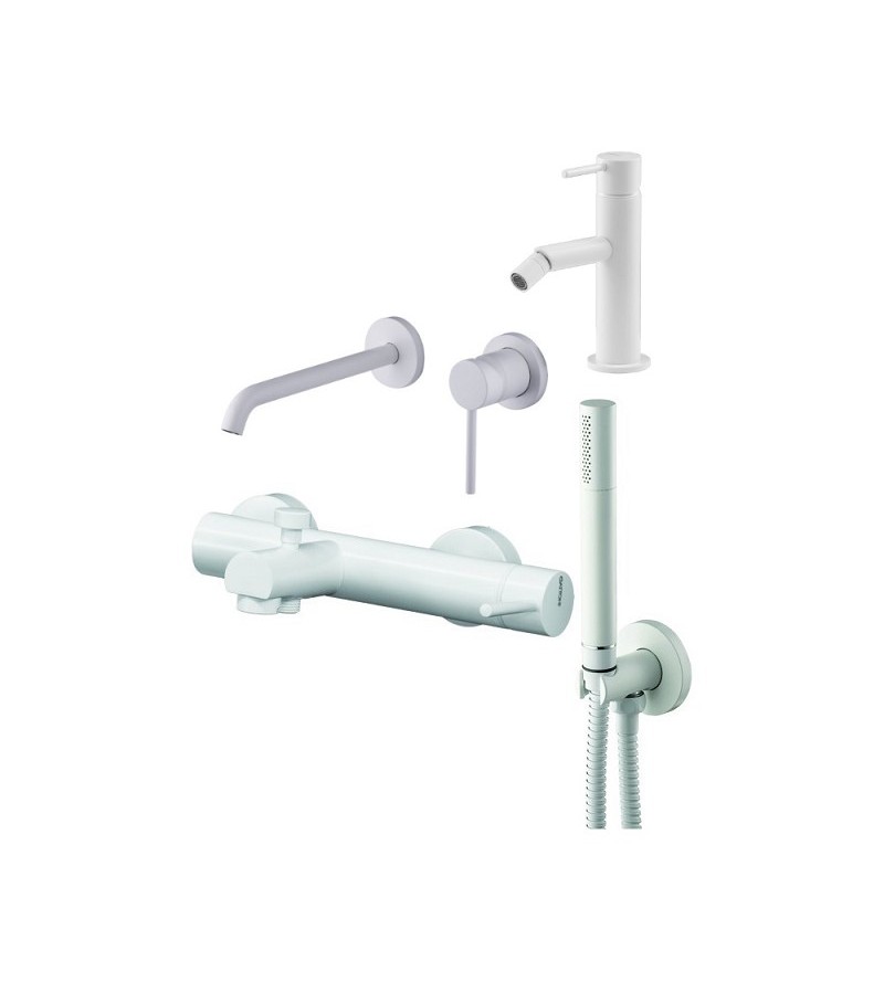 Wall-mounted washbasin mixer set, bidet mixer and bathtub kit in matt white Gattoni Easy KITEASYBO9