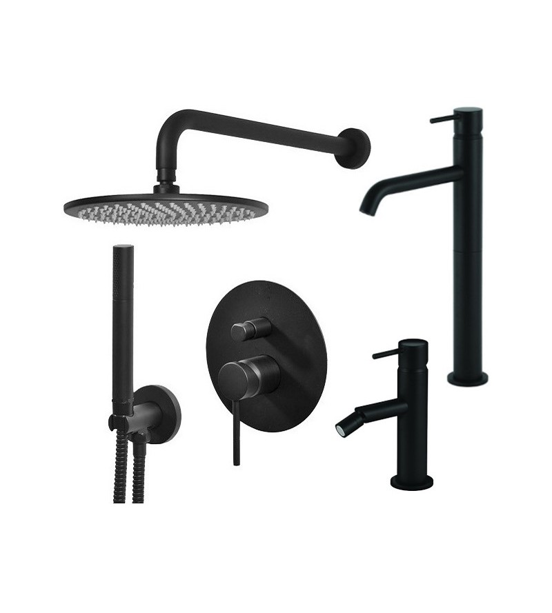High washbasin mixer set, bidet mixer and shower kit in matt black Gattoni Easy KITEASYNO5