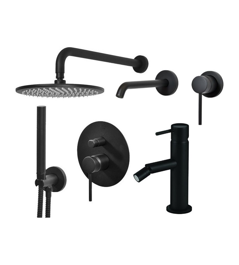 Wall-mounted washbasin mixer set, bidet mixer and shower kit in matt black Gattoni Easy KITEASYNO6