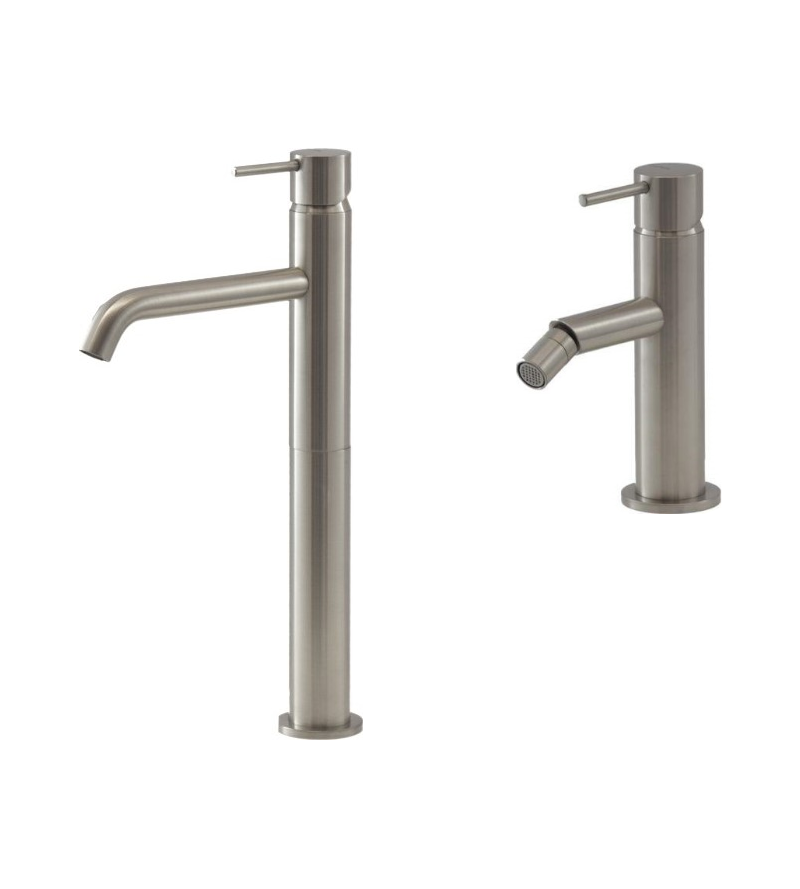 High washbasin mixer and bidet in brushed steel color Gattoni Easy KITEASY2NS