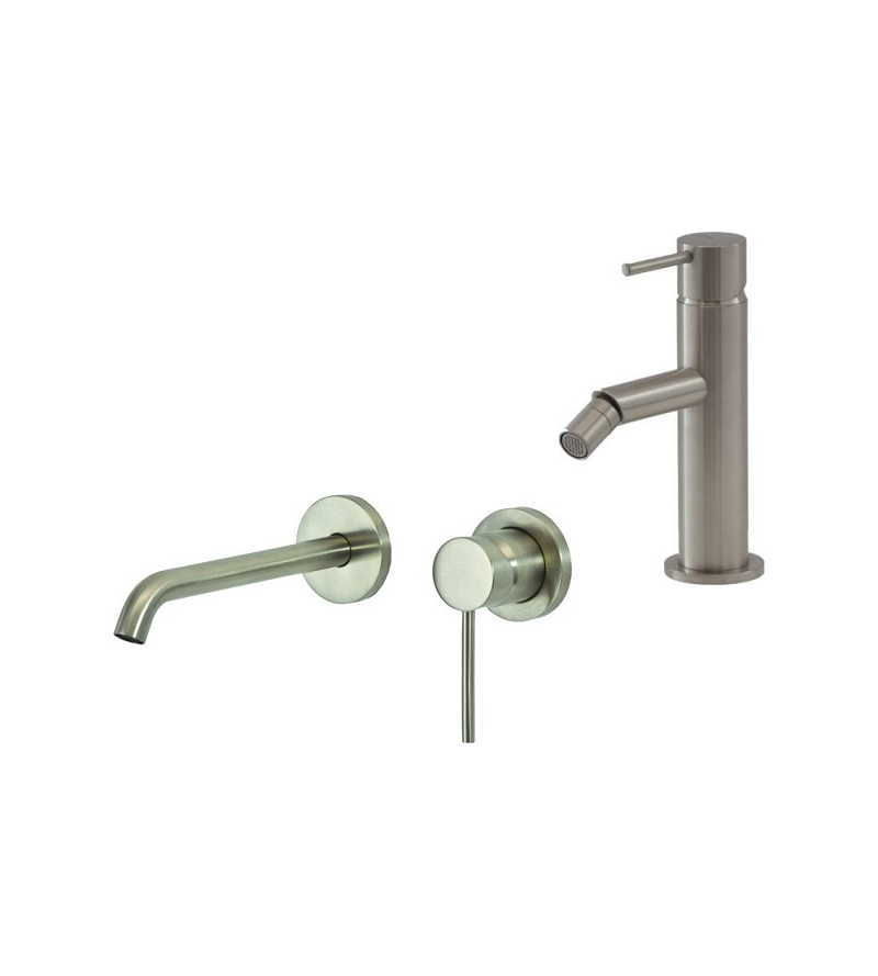 Wall-mounted washbasin mixer and bidet in brushed steel color Gattoni Easy KITEASY3NS