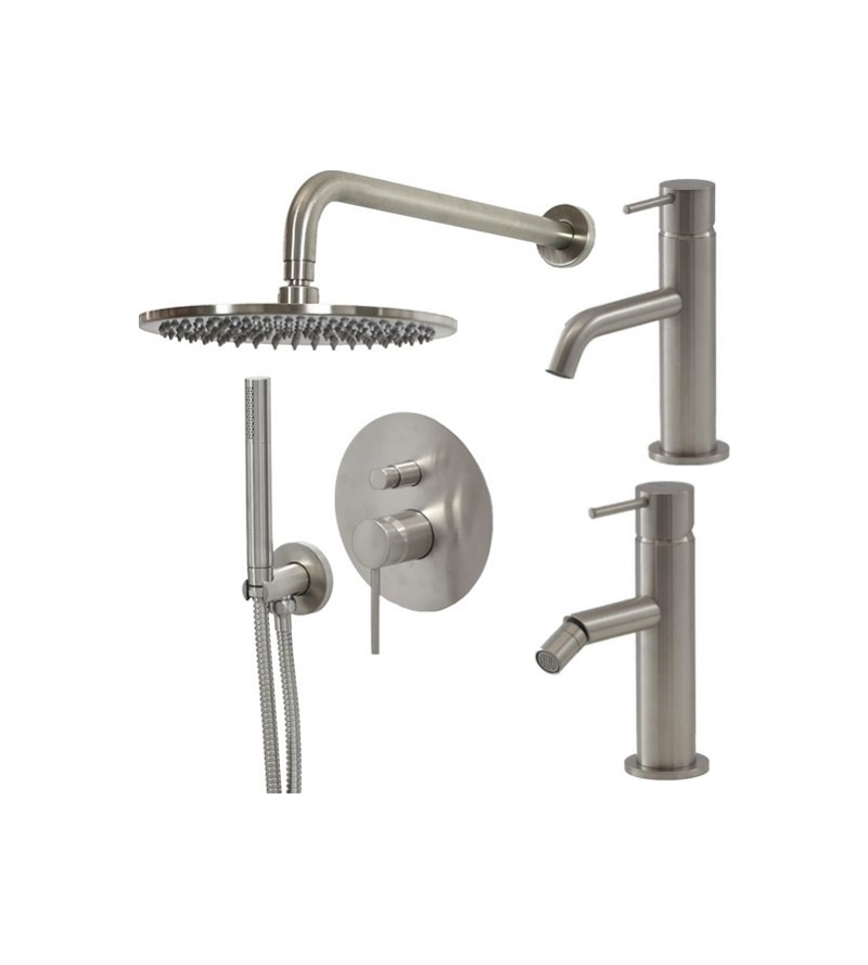 Washbasin mixer set, bidet mixer and shower kit in brushed steel color Gattoni Easy KITEASY4NS