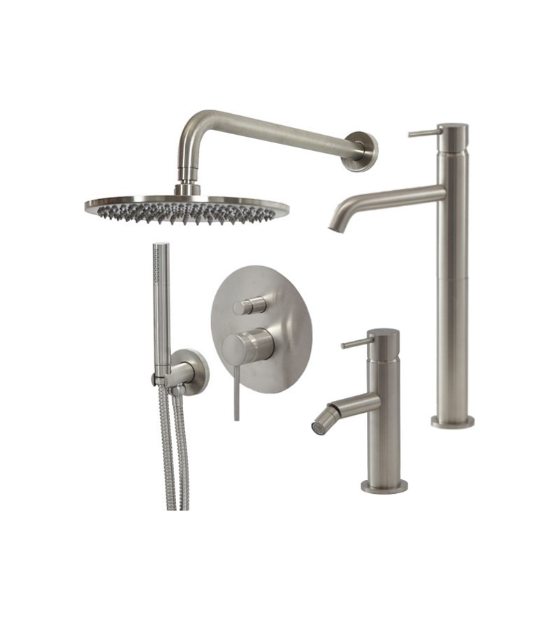 High washbasin mixer set, bidet mixer and shower kit in brushed steel color Gattoni Easy KITEASY5NS