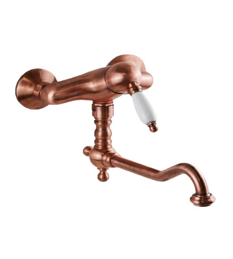 Wall mounted kitchen sink mixer with adjustable spout in copper color Gattoni Orta Old 2762/27R0.OLD