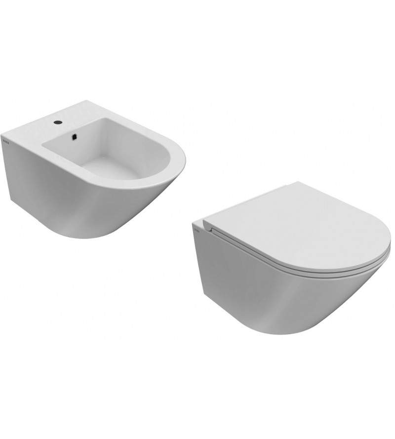 Wall-hung bidet kit and wc without rim 52x36 cm glossy white Globo Forty3 KITFORTY4BI