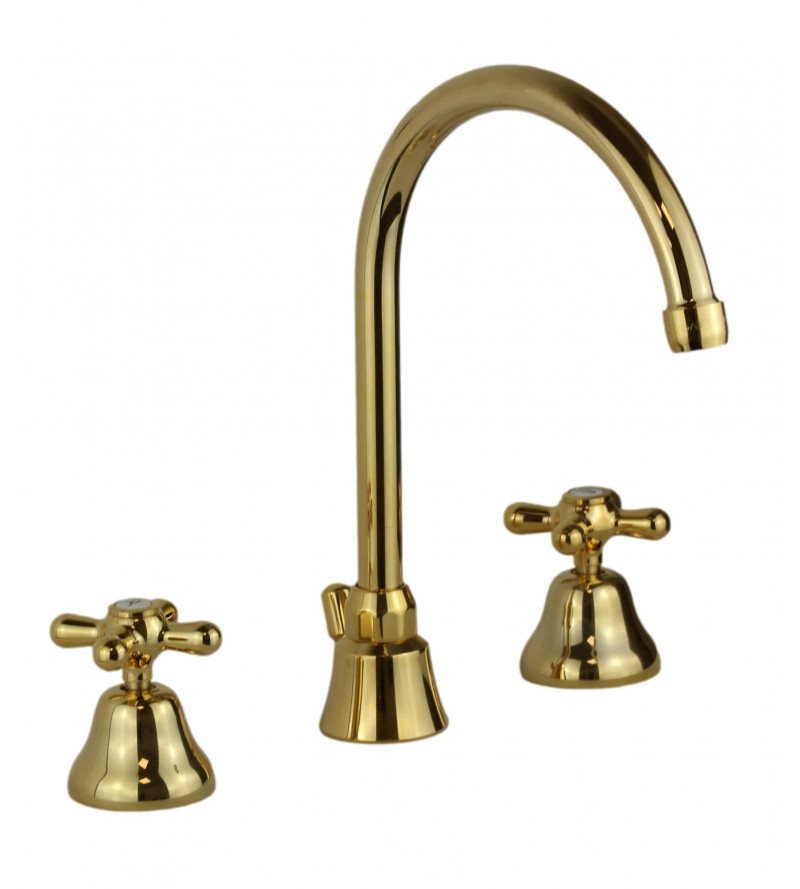 Grifo para lavabo de 3 agujeros de caño alto en color dorado Gattoni Calypso 1109350D0