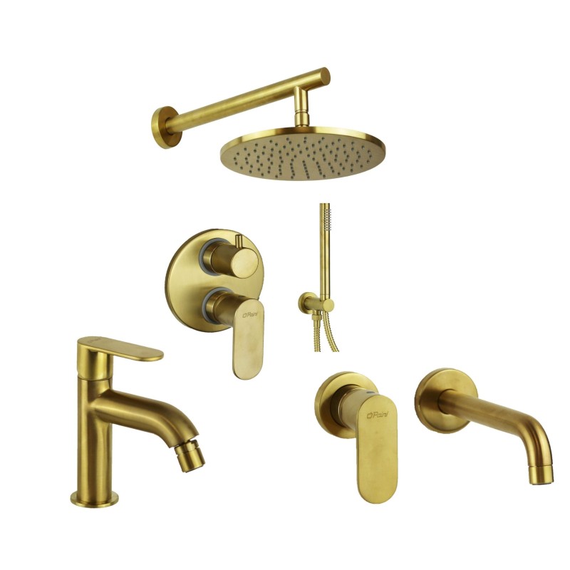 Komplettes Badezimmerset mit wandmontiertem Waschtischmischer in gebürstetem Gold Paini Domus KITDOM4