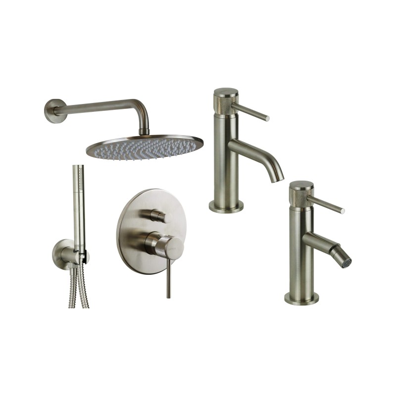 Set miscelatori lavabo, bidet e kit doccia in finitura acciaio spazzolato con maniglia lusso Gattoni Beta KITBETA4NS