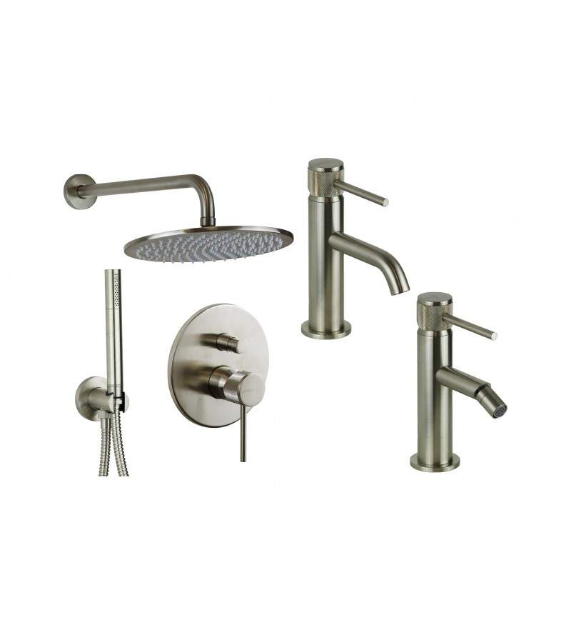 Washbasin, bidet and shower mixer set in brushed steel finish with luxury handle Gattoni Beta KITBETA4NS