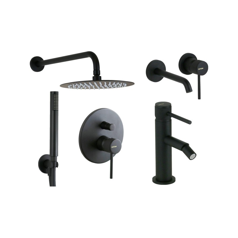 Wall-mounted washbasin mixer set, bidet and shower kit in matt black finish with luxury handle Gattoni Beta KITBETA6NO