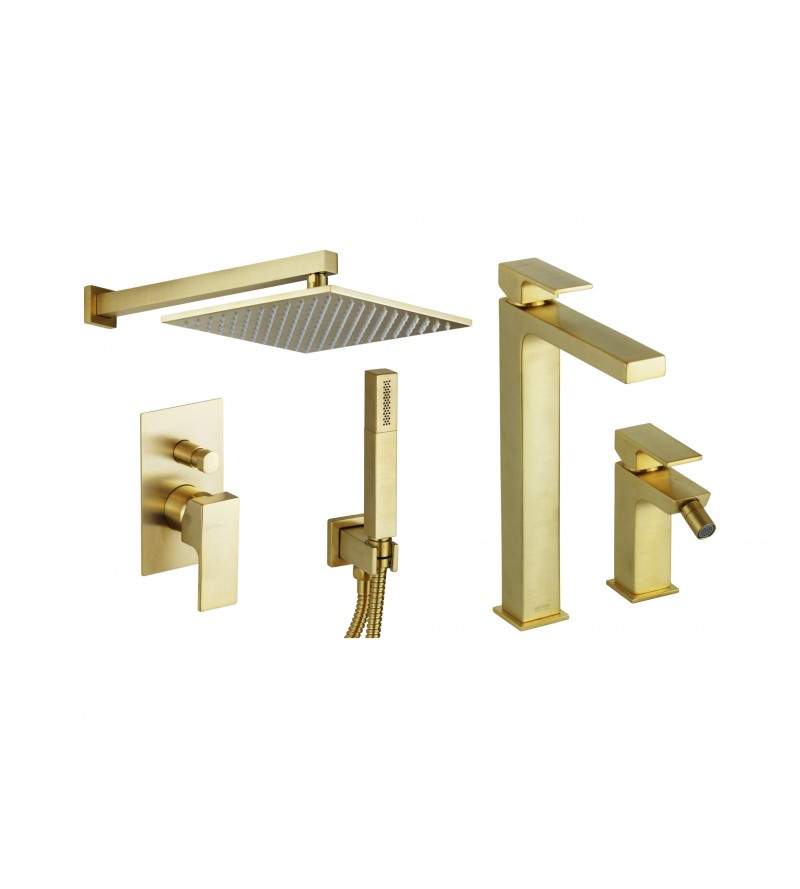 Set miscelatori lavabo alto, bidet e kit doccia in colore oro spazzolato Gattoni SQUARE KITSQUARESG5