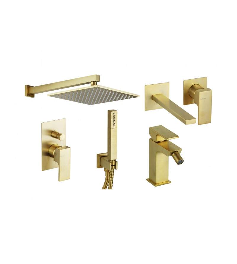Set miscelatori lavabo a parete, bidet e kit doccia in colore oro spazzolato Gattoni SQUARE KITSQUARESG6