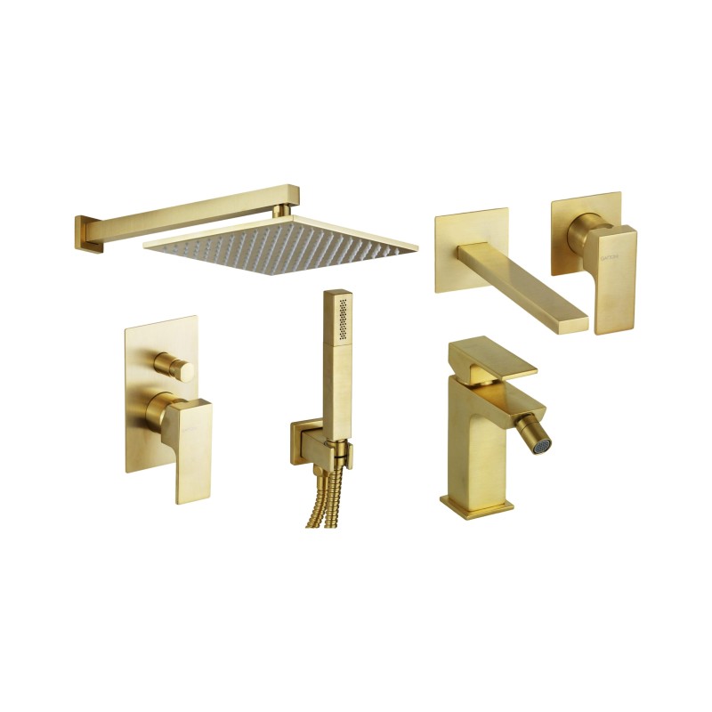 Wall-mounted sink mixers, bidet and shower kit in brushed gold color Gattoni SQUARE KITSQUARESG6