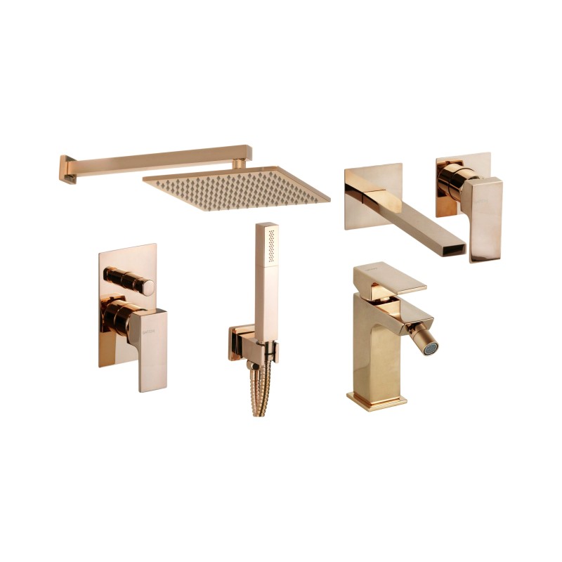 Wall mounted sink mixer, bidet and shower kit in rose gold color Gattoni SQUARE KITSQUARERS6