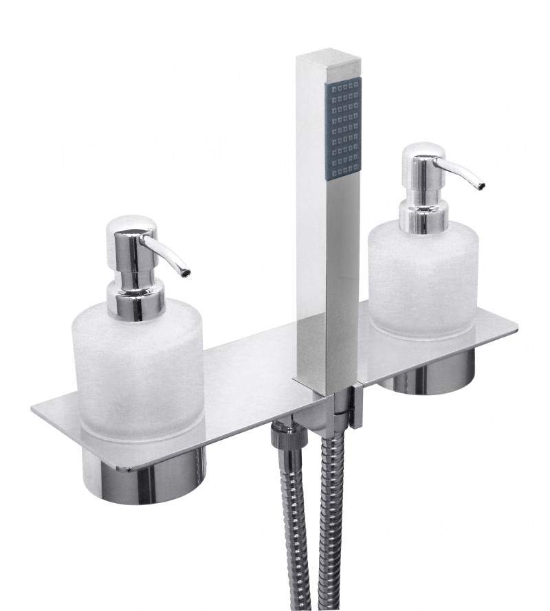 Square model shower kit with water outlet, hand shower and shelf with dispenser Tecom Genius DKITDGSQ