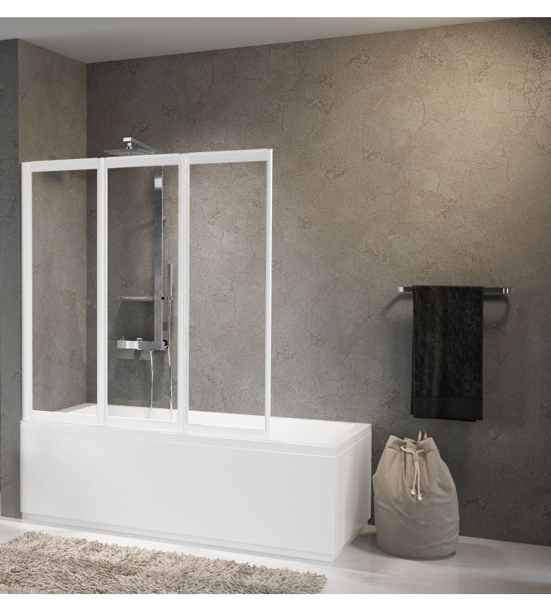 Duschwand für Badewannenabtrennung mit weißen Profilen und 3 Falttüren Novellini Aurora 9