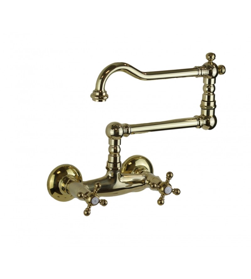 Wall mounted kitchen sink tap with jointed spout in natural brass colour Porta & Bini Old Fashion 62552GI