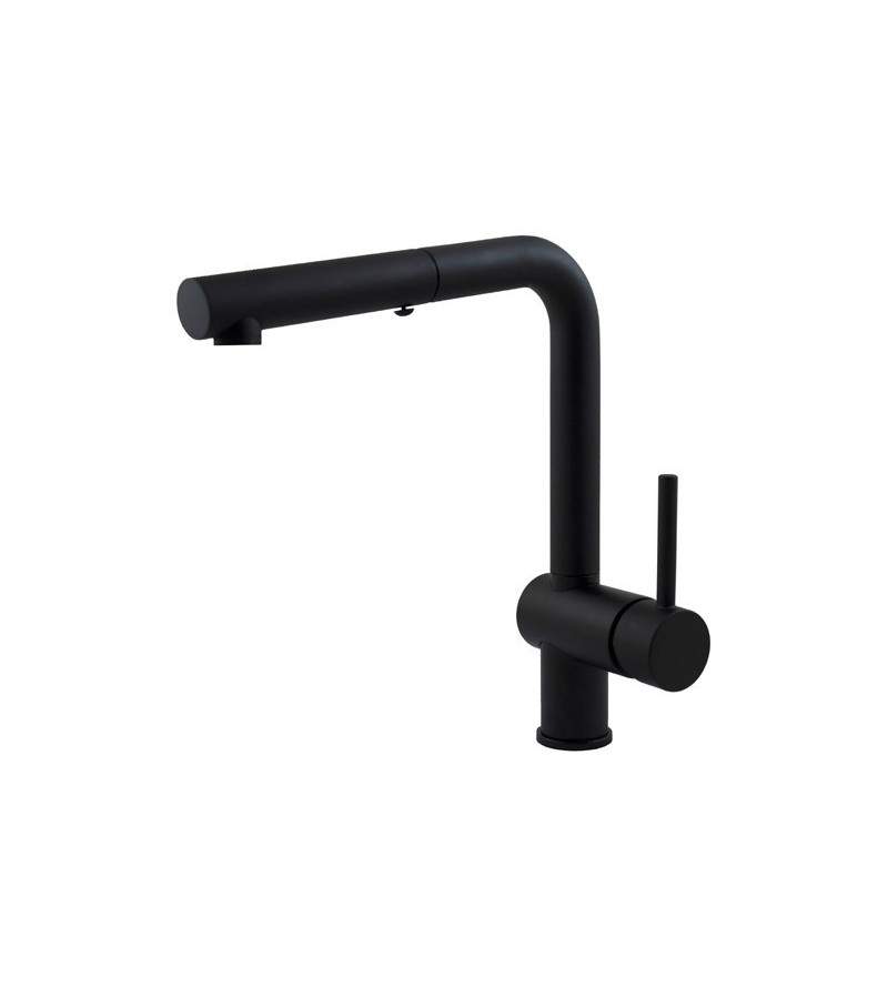 Matt black kitchen sink mixer with pull-out double jet shower Paffoni Light LIG285NO-MET