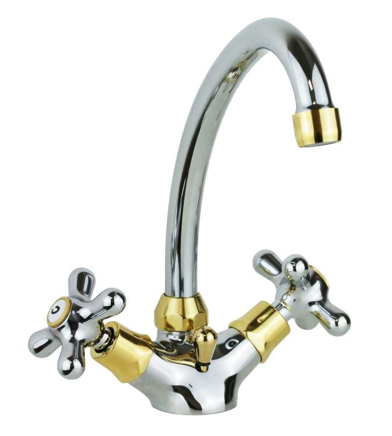 Two lever sink tap chrome-gold color swivel spout Paffoni Iris IRV077CO