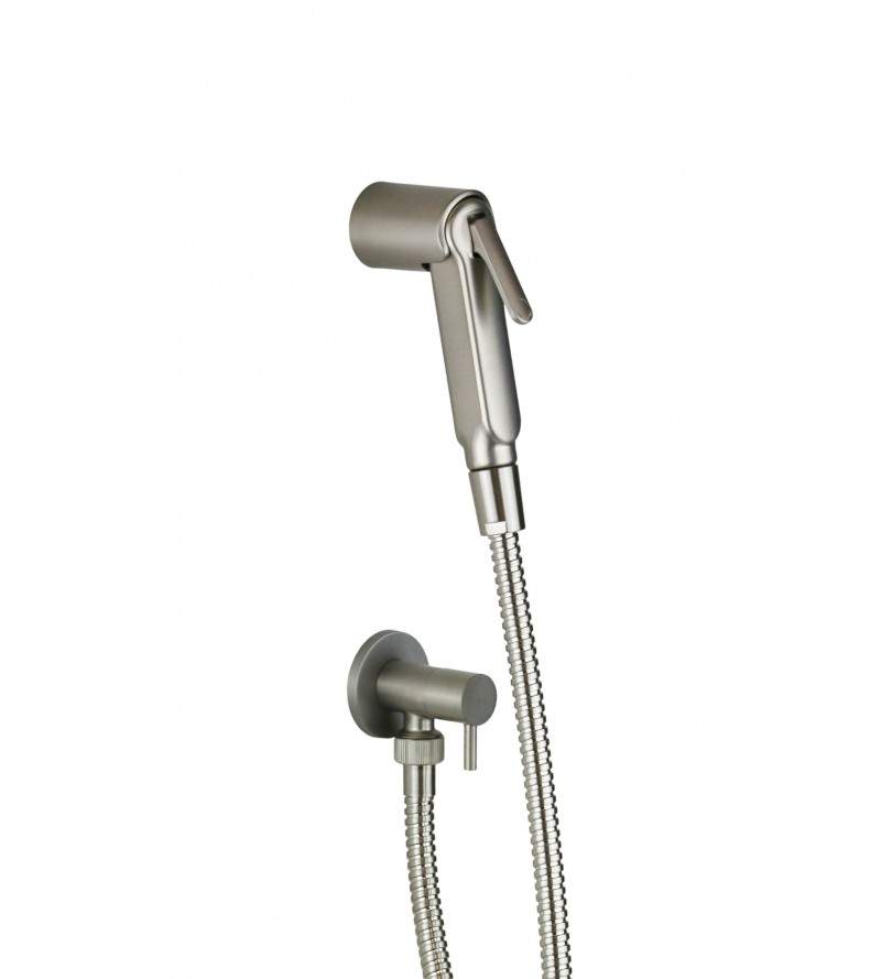 Hygienic shower kit in brushed steel with stop valve Damast 18128