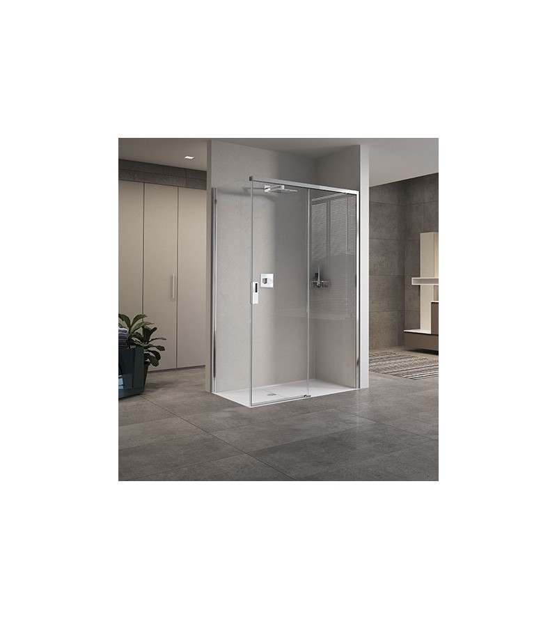 Mampara de ducha con puerta corredera de 100 cm y pared fija de 80 cm, versión bien Novellini Opera PH+FH