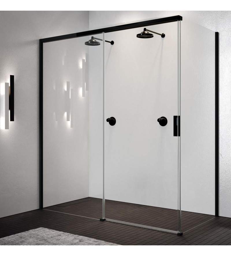 Cabine de douche avec porte coulissante noir mat de 100 cm et paroi fixe de 80 cm, version gauche Novellini Opera PH+FH