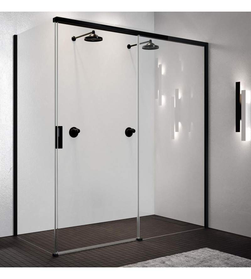 Cabine de douche avec porte coulissante noir mat de 100 cm et paroi fixe de 80 cm, version droite Novellini Opera PH+FH