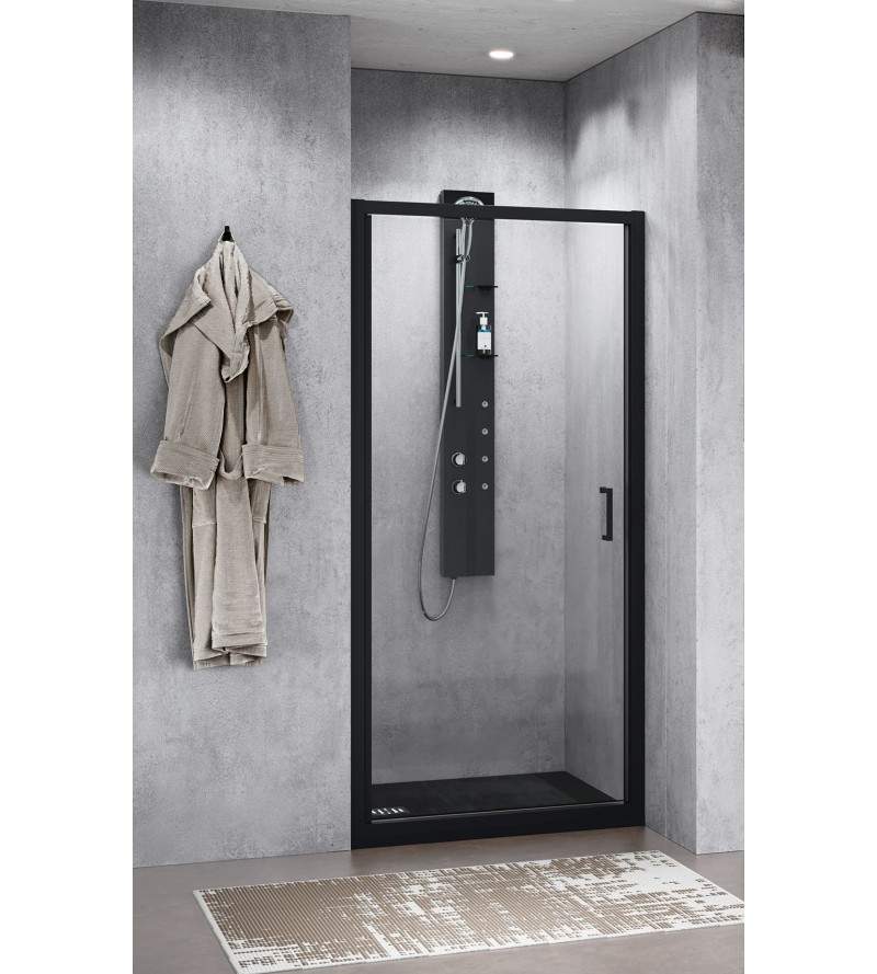 Puerta de ducha giratoria para nicho de 70 cm con perfiles negros mate Novellini Zephyros 2.0 G