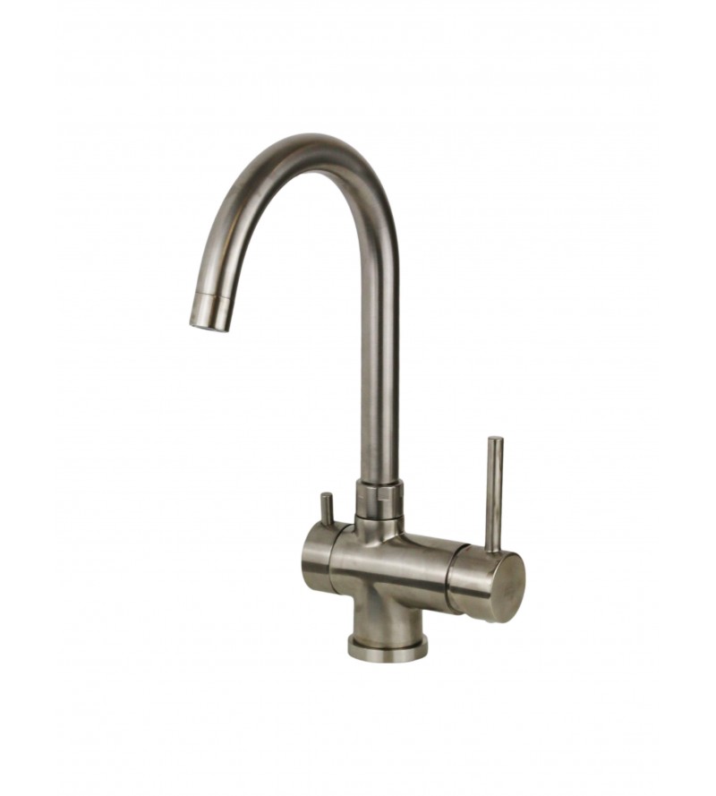 Brushed steel color kitchen sink mixer with inlet for purified water and swivel spout Paffoni Stick SK190ST
