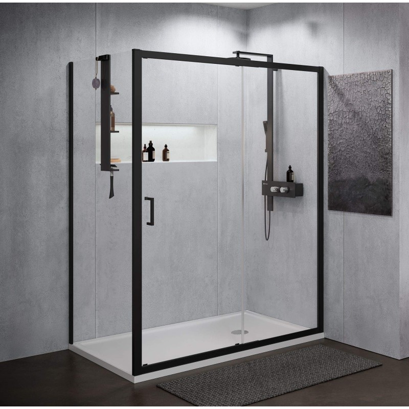 Cabine de douche d'angle avec porte coulissante 100 x 70 cm, profils noir mat Novellini Zephyros 2P+F