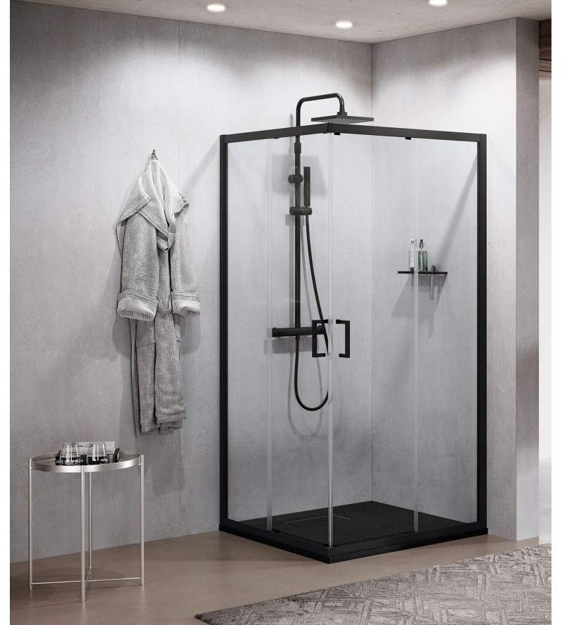 Corner shower enclosure 2 sliding doors 100x80 matt black profiles Novellini Zephyros 2.0 A