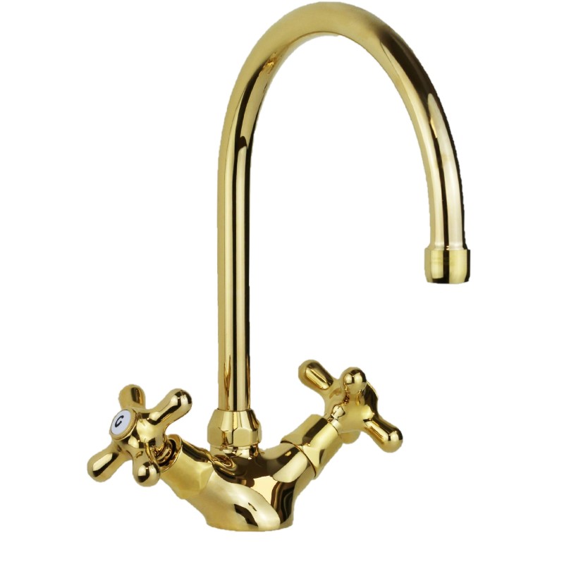 Double lever kitchen sink tap with gold color swivel spout Paffoni Iris IRV180GF