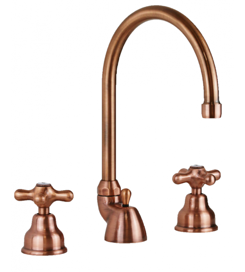 Three hole double lever washbasin tap, high swivel spout, copper color Paffoni Iris IRV057RM