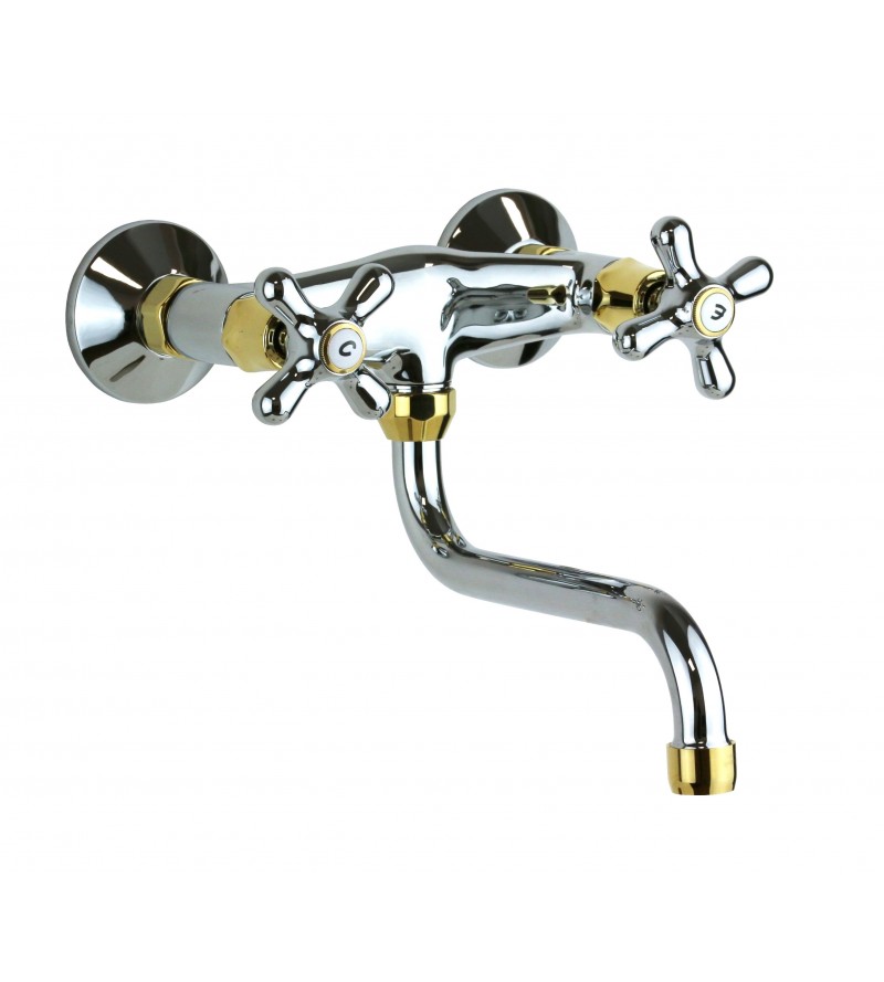 Wall-mounted double lever kitchen sink tap in chrome-gold colour Paffoni IRIS IRV161CO