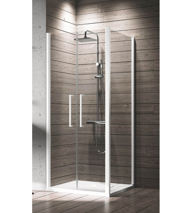 Mampara de ducha de esquina 2 puertas batientes con lateral fijo 70 x 70 cm blanco mate Novellini Young 2B+F