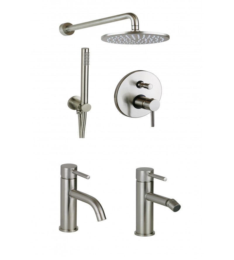 Complete bathroom package in brushed steel color shower kit and mixer taps Pollini Jessy KITJES2NS