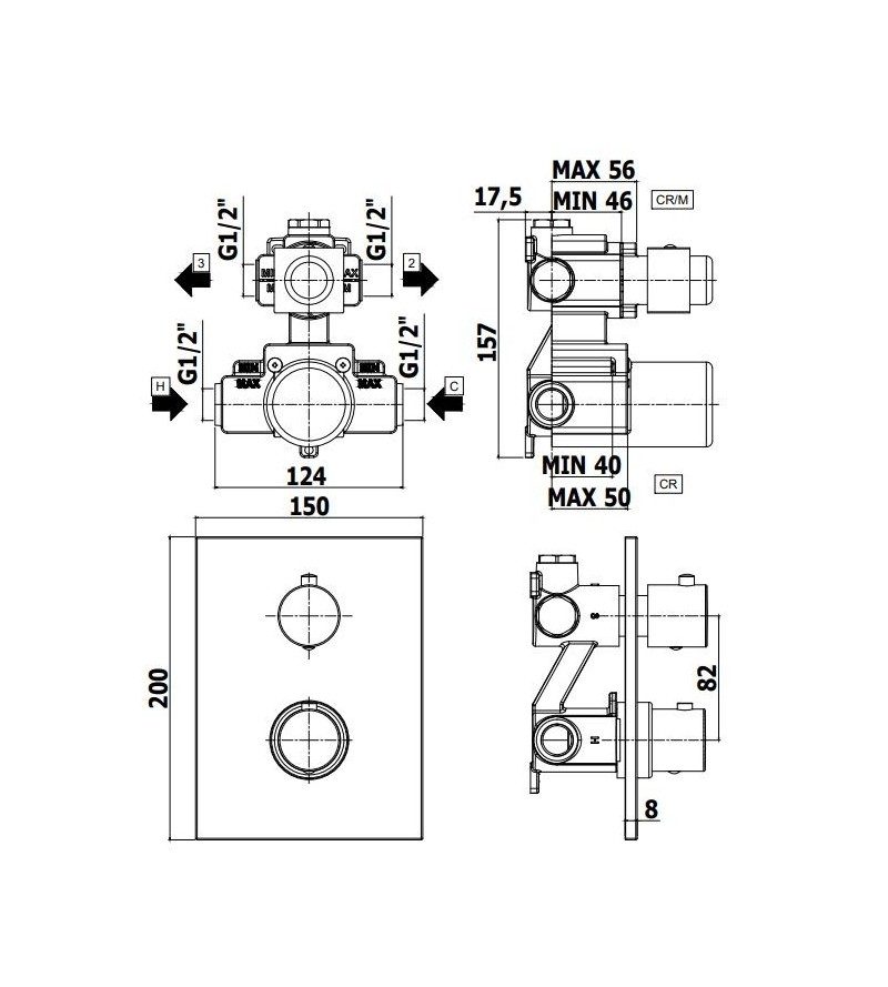 Mezclador termostático de ducha empotrado con 2 salidas en color acero cepillado Paffoni LIQ518ST/M