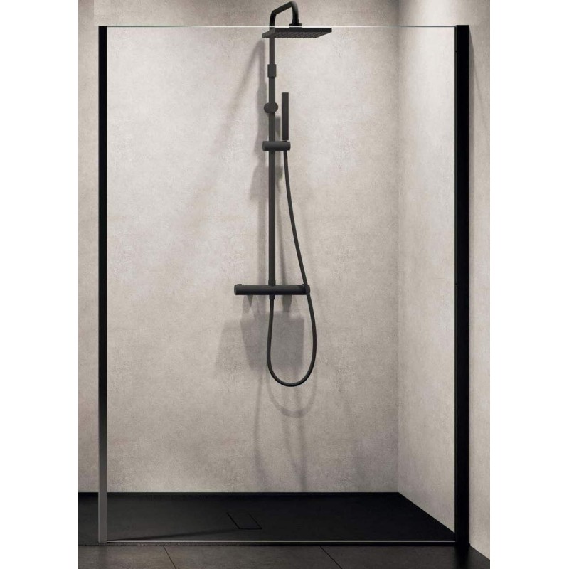 Mampara de ducha fija modelo walk-in de 140 cm en color negro mate Novellini Kuadra H