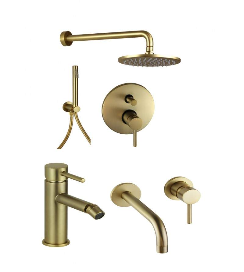 Complete set of bathroom mixers in brushed gold colour Pollini Jessy KITJES3OS
