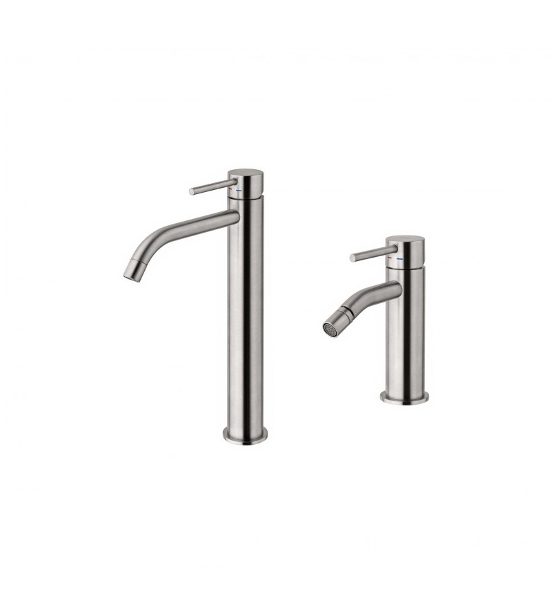 High basin mixer and bidet set without waste, steel looking color Paffoni Light KITLIG4ST