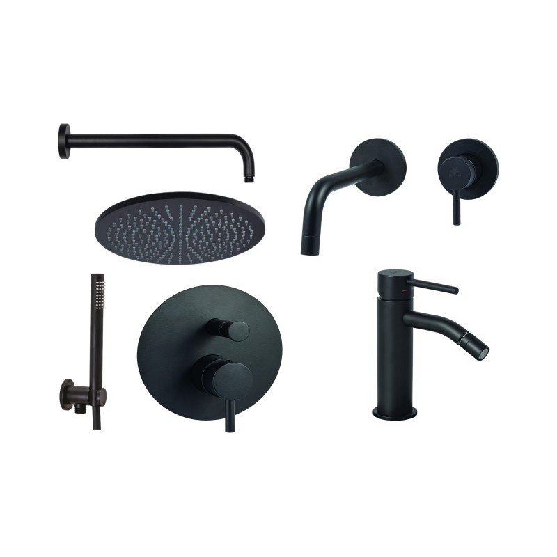 Wall-mounted sink mixer, bidet and shower kit in matt black Paffoni Light KITLIG8NO