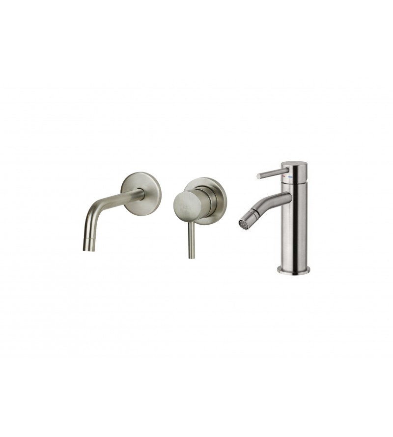 Wall-mounted basin and bidet mixer set without waste, steel looking colour Paffoni Light KITLIG5ST