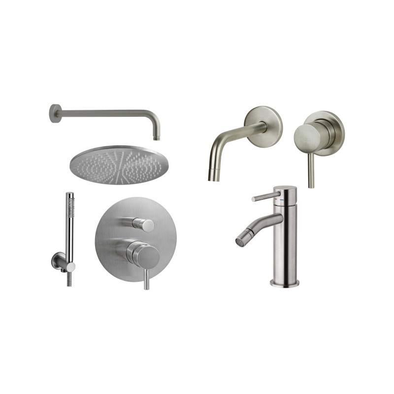 Wall-mounted sink mixer set, bidet and shower kit in steel looking colour Paffoni Light KITLIG8ST