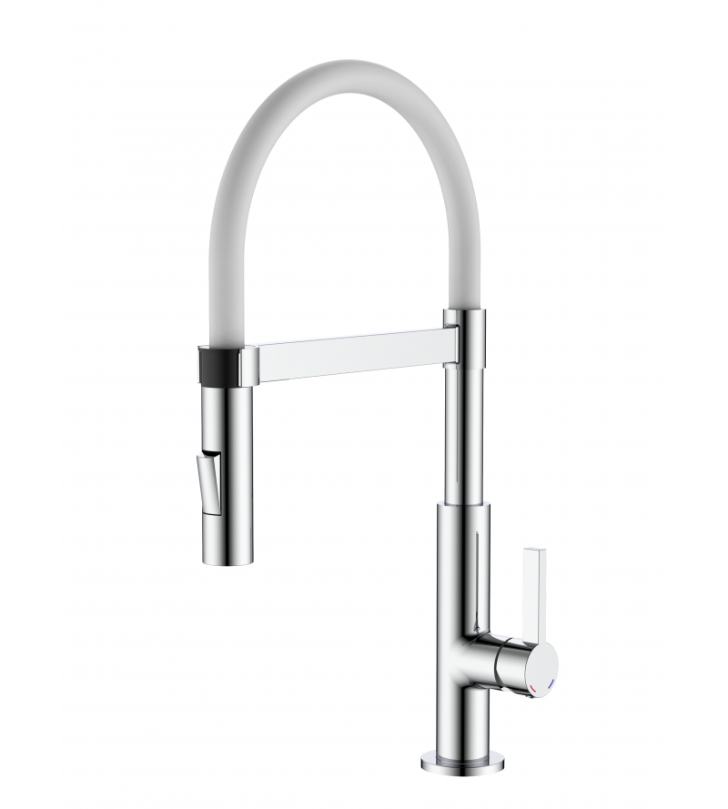 Double jet kitchen shower mixer tap, white silicone spout Pollini MAKY MXCUMC293BI