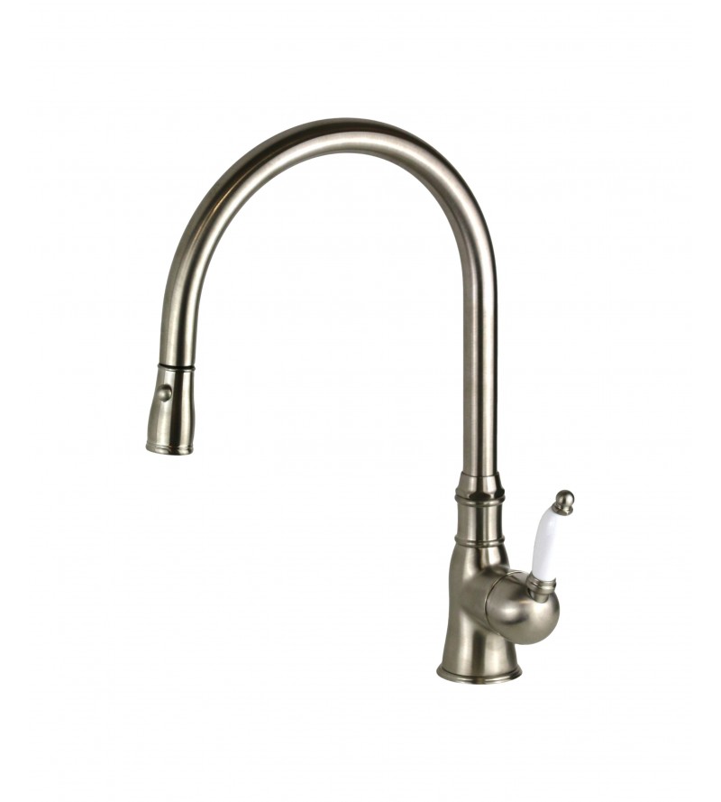 High spout kitchen sink mixer with extractable shower in brushed nickel colour Gattoni Orta 0240/PCNS