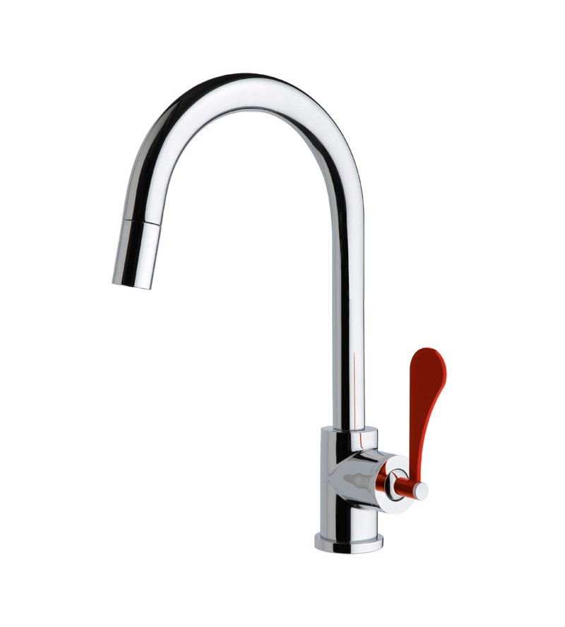 Single-lever kitchen sink mixer with red lever and extractable hand shower Mamoli Paola&TheKitchen 794700000C01