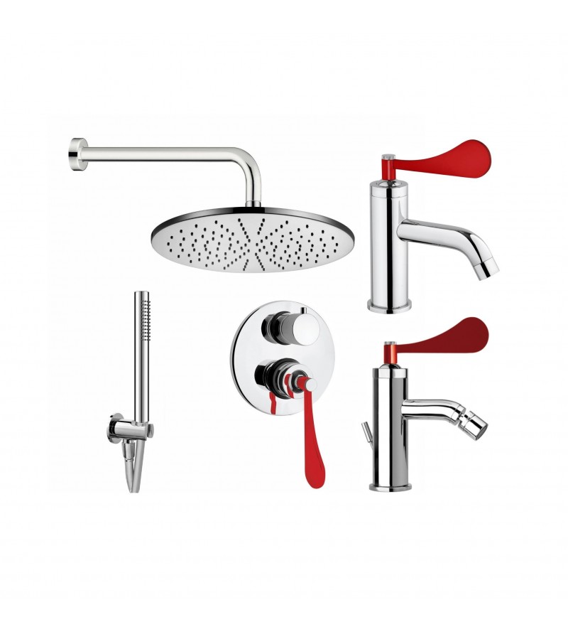 Single hole sink and bidet mixer set with complete red lever shower kit Mamoli Paola&TheBathroom KITPAOLA6