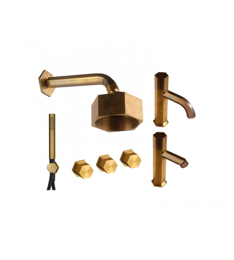 Single hole basin and bidet mixer set with complete hexagonal shower kit in natural brass Mamoli Hexagonal KITHEX6